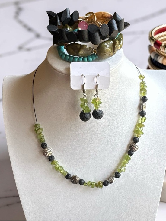 Jewelry - Handcrafted Peridot Green Gemstone Necklace & Earring Set With Bracelet